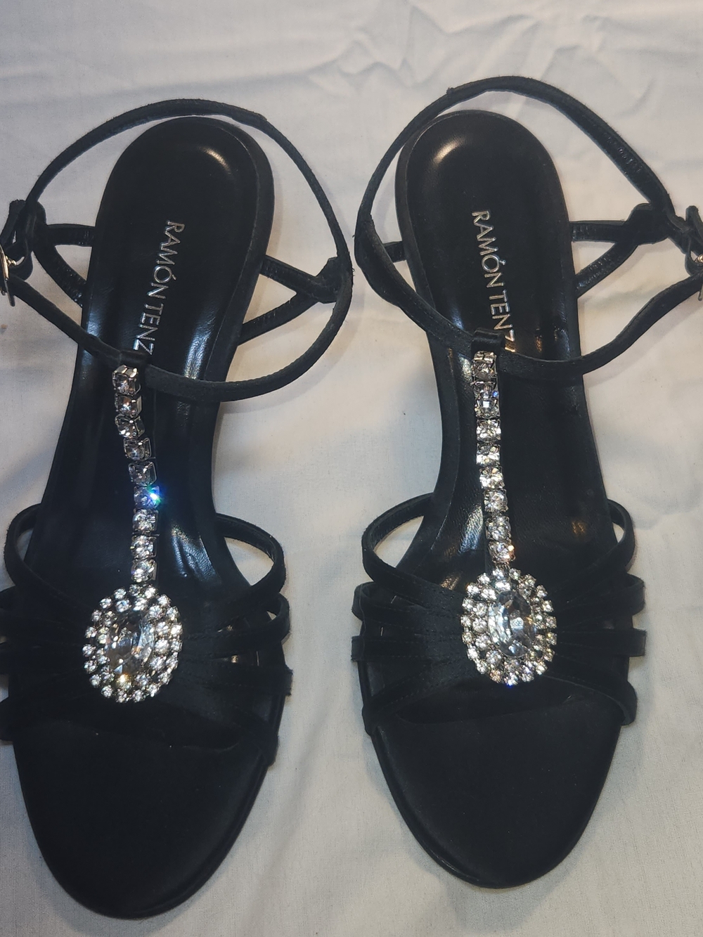 Ramon Tenza Black Rhinestone T-Strap Evening Sandals 6